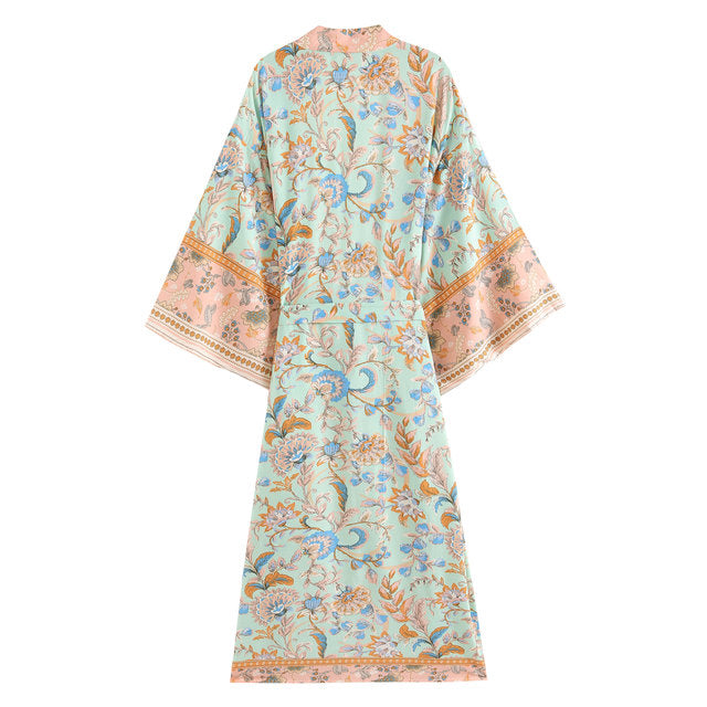 1love2hugs3kisses Long Kimono Mint Green-Peach Flowers