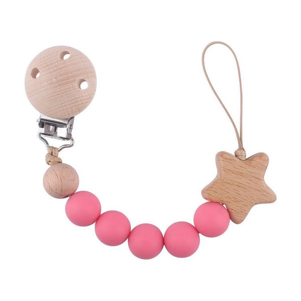 1love2hugs3kisses Baby Wooden Pacifier Clip Chain Star Pink
