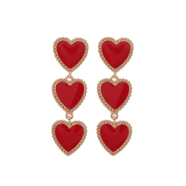 1Love 2Hugs 3Kisses Three Hearts Drop Earrings Red