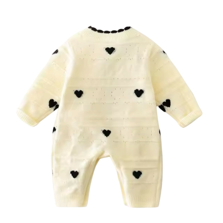 Knitted Baby Romper - Cream with Black Hearts From 1love2hugs3kisses ibiza