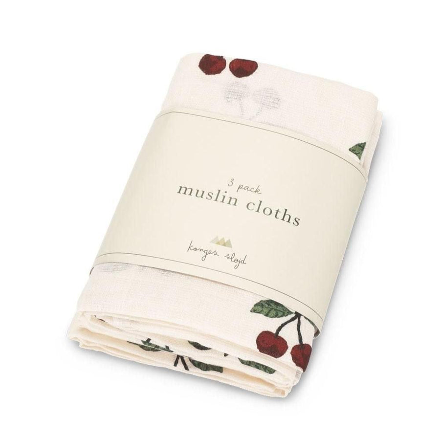 3 pack organic cotton muslin cloths by Konges Sløjd with Ma Grande Cerise cherry print