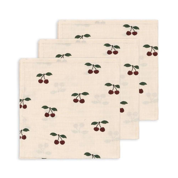 3 pack organic cotton muslin cloths by Konges Sløjd with Ma Grande Cerise cherry print