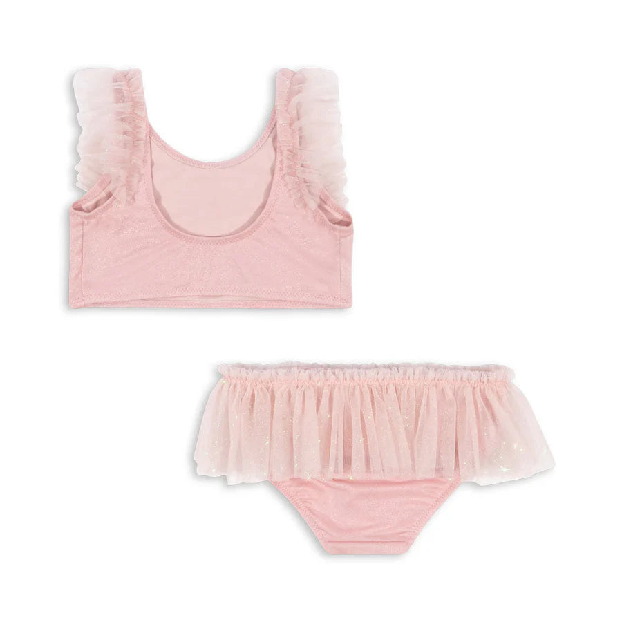 Konges Sløjd Amandine Bikini Powder Pink – adorable girls bikini with ruffle details, available at 1Love 2Hugs 3Kisses Ibiza.