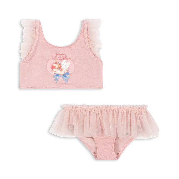 Konges Sløjd Amandine Bikini Powder Pink – adorable girls bikini with ruffle details, available at 1Love 2Hugs 3Kisses Ibiza.