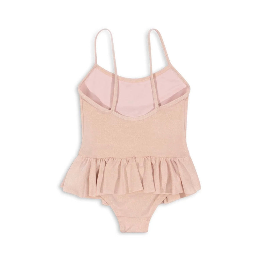 Konges Sløjd Jade Swimsuit Evening Sand – elegant girls swimsuit with frill details, available at 1Love 2Hugs 3Kisses Ibiza.