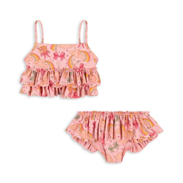 Konges Sløjd Manuca Frill Bikini Rainbow Bow – adorable girls bikini with rainbow bows, available at 1Love 2Hugs 3Kisses Ibiza.