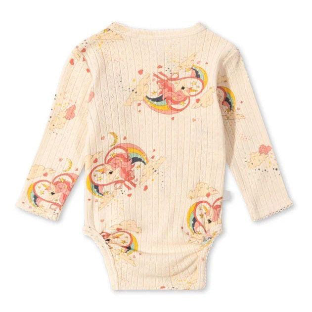 Newborn baby bodysuit by Konges Sløjd with Horn Stars print, made from soft organic cotton with wrap closure