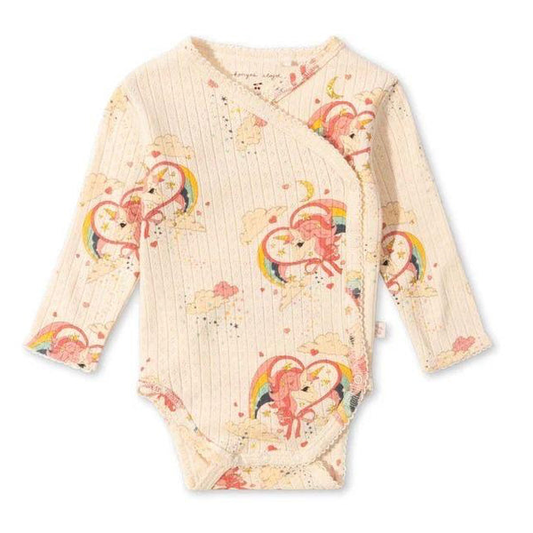 Newborn baby bodysuit by Konges Sløjd with Horn Stars print, made from soft organic cotton with wrap closure