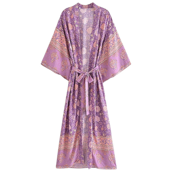 Long Bohemian Floral Kimono – Lilac / Peach Available at 1love2hugs3kisses Ibiza
