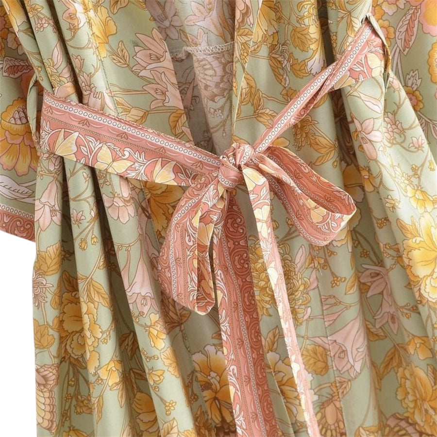 Long Bohemian Floral Kimono – Sage Green / Peach Available at 1love2hugs3kisses Ibiza