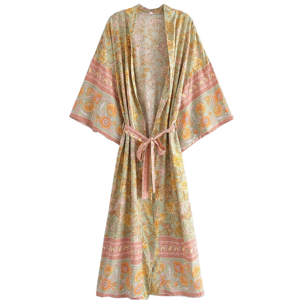 Long Bohemian Floral Kimono – Sage Green / Peach Available at 1love2hugs3kisses Ibiza