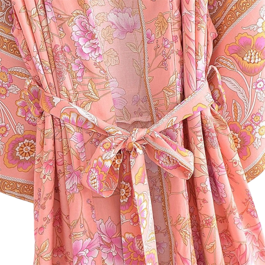 Long Bohemian Floral Kimono – Soft Pink / Gold available at 1love2hugs3kisses Ibiza