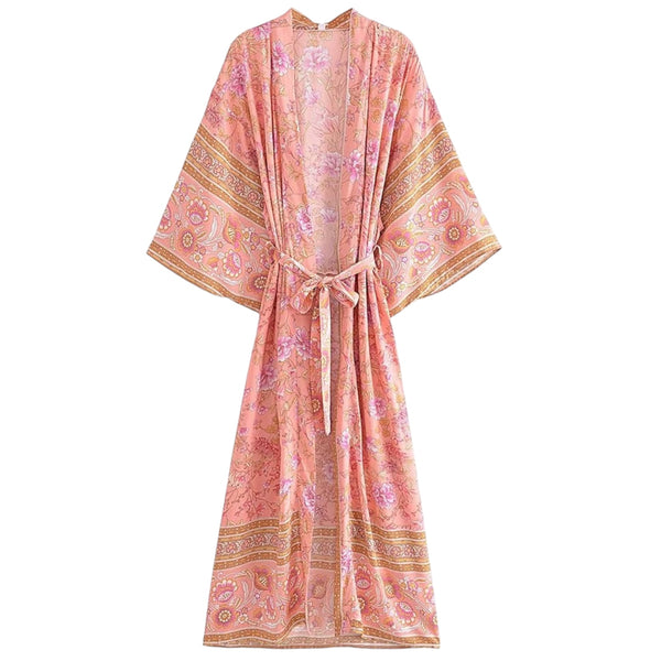Long Bohemian Floral Kimono – Soft Pink / Gold available at 1love2hugs3kisses Ibiza