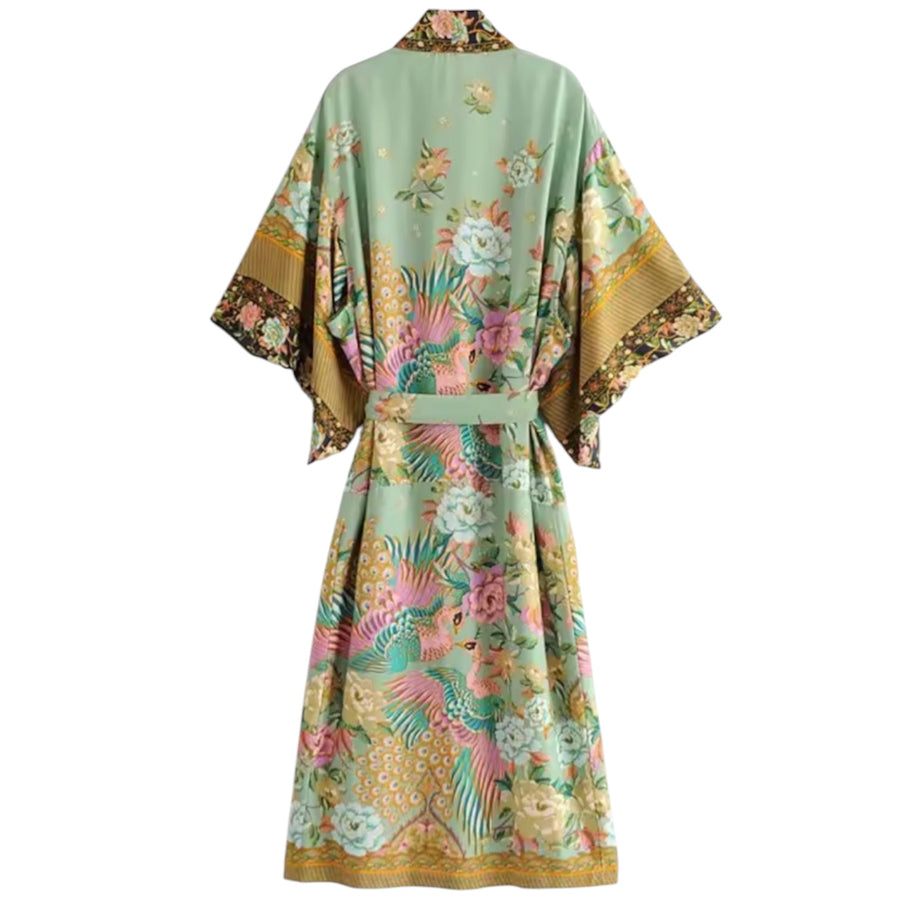 Long Bohemian Kimono – Mystic Peacock / Green From 1love2hugs3kisses Ibiza