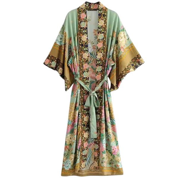 Long Bohemian Kimono – Mystic Peacock / Green From 1love2hugs3kisses Ibiza