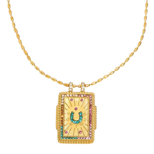 Gold lucky horseshoe necklace with colorful rhinestone rectangular pendant on chain