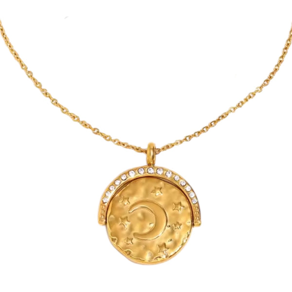 Moon Coin Necklace – Gold available at 1love2hugs3kisses ibiza