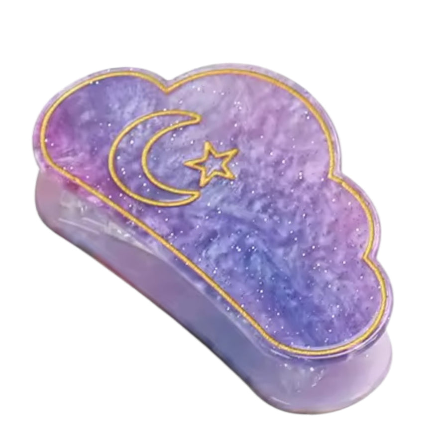 Lilac cloud hair clip with moon and star details and subtle glitter finish
