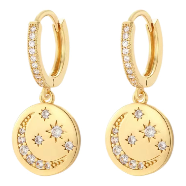 Moon star coin huggie earrings - Gold available at 1love2hugs3kisses Ibiza
