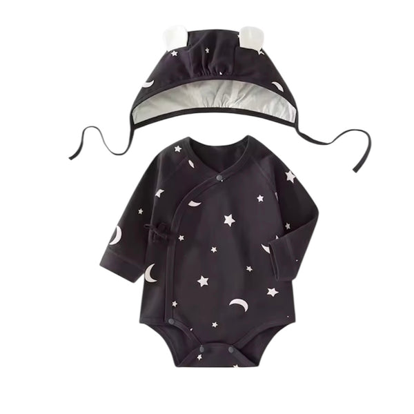 Moon & Stars Baby Onesie With Bear Ears Hat – Black From 1love2hugs3kisses ibiza