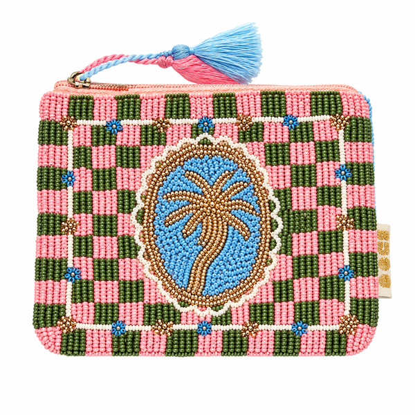 Palm Tree Beaded Pouch – Pink & Green Available at 1love2hugs3kisses Ibiza 