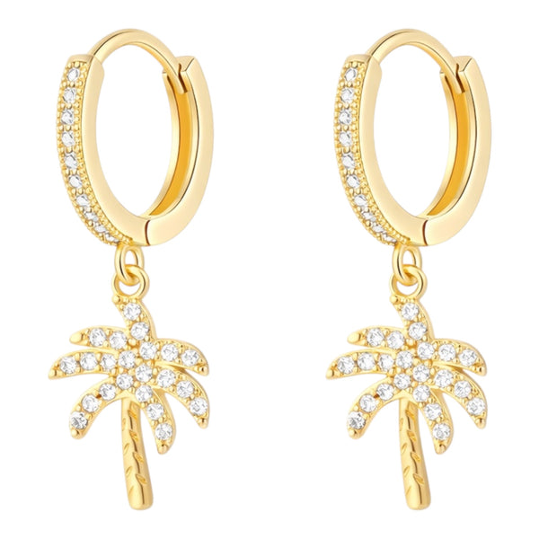 Gold palm tree huggie earrings with zirconia stones