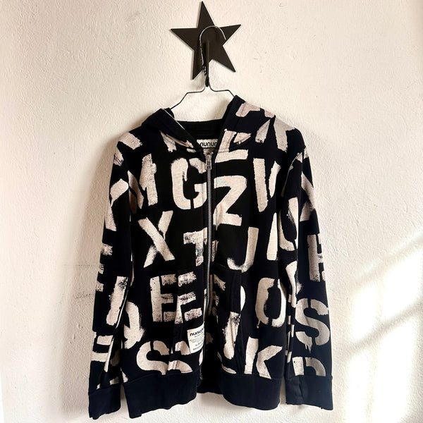 Pre-loved Nununu Black Zip Hooded Sweater Letters - Size 8 / 9 years Available at 1love2hugs3kisses Ibiza