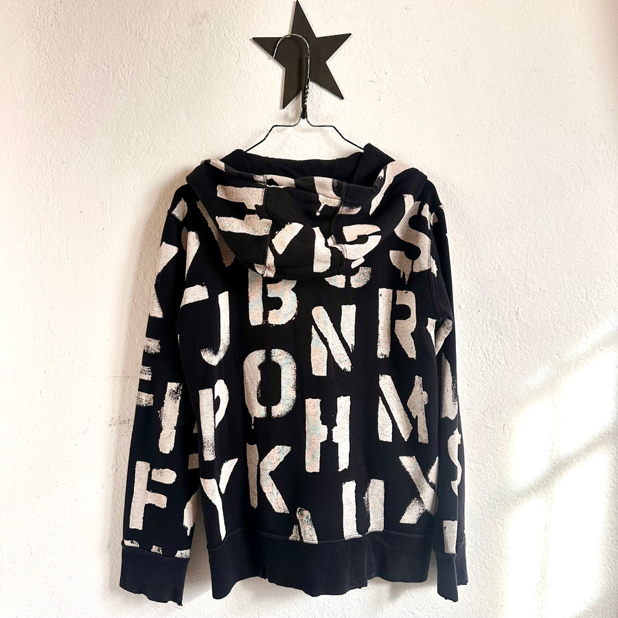 Pre-loved Nununu Black Zip Hooded Sweater Letters - Size 8 / 9 years Available at 1love2hugs3kisses Ibiza