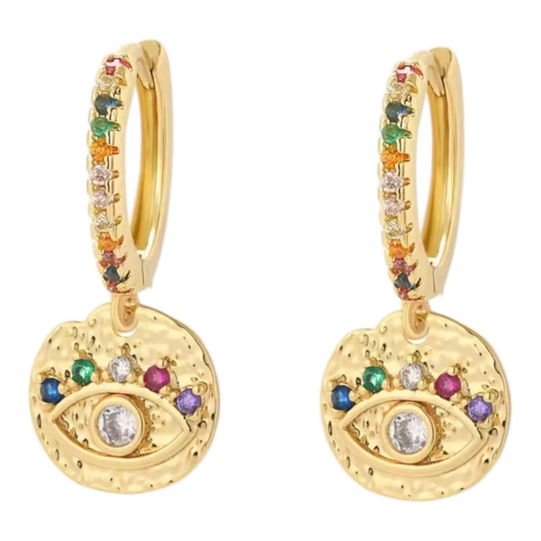 Rainbow Evil Eye Huggie Earrings – Gold available at 1love2hugs3kisses Ibiza
