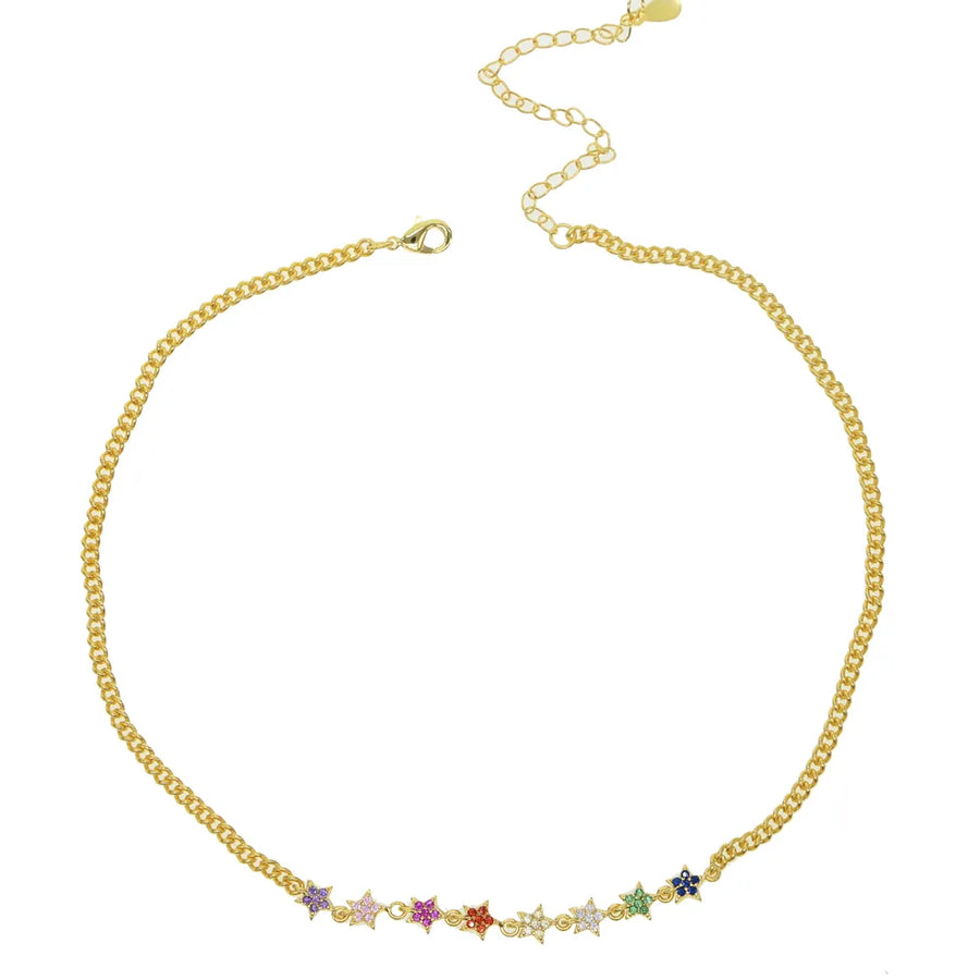 Gold choker necklace with multicolour cubic zirconia star charms