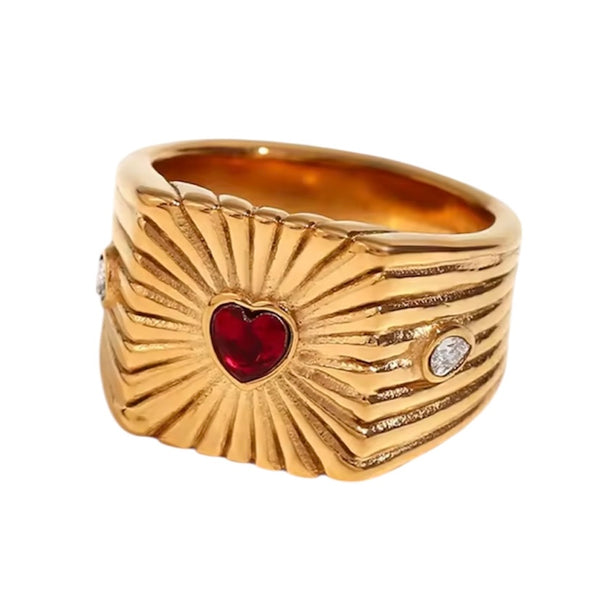 Red Heart Sunburst Ring - Gold available at 1love2hugs3kisses ibiza