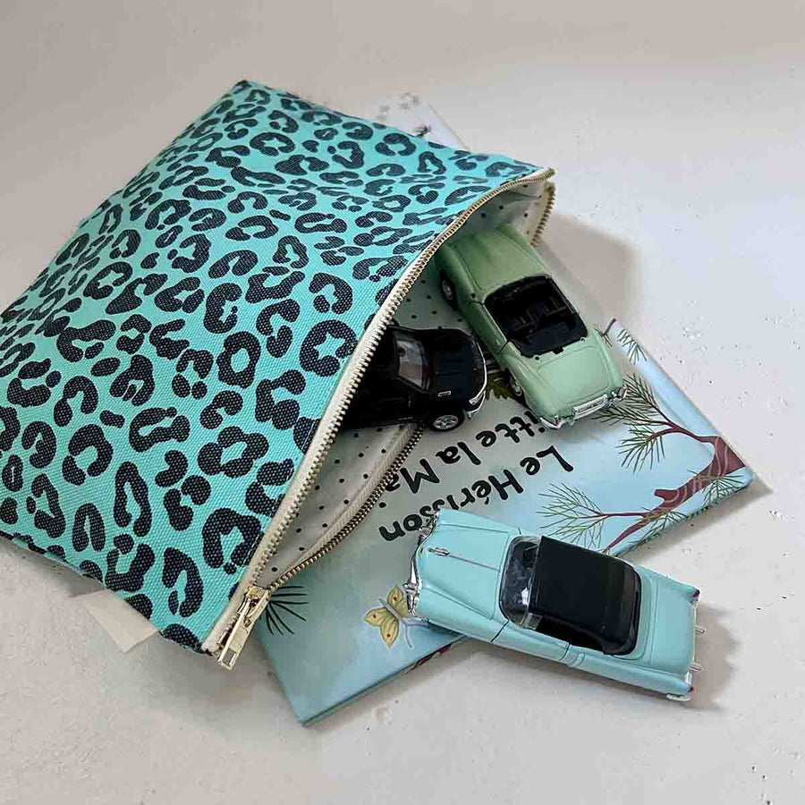 Rose In April Lili Flat Pouch Leopard Turquoise available at 1love2hugs3kisses ibiza