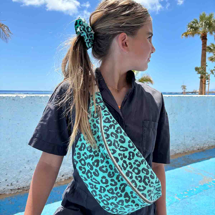Rose in April Scrunchie Leopard Turquoise available at 1love2hugs3kisses ibiza