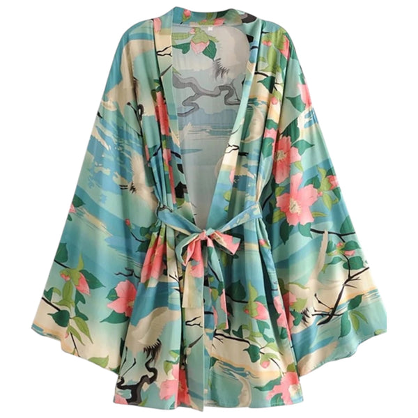Short Bohemian Crane Kimono - Jade Green From 1love2hugs3kisses Ibiza