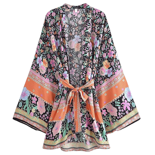 Short Bohemian Floral Kimono – Black / Multi Color available at 1love2hugs3kisses Ibiza
