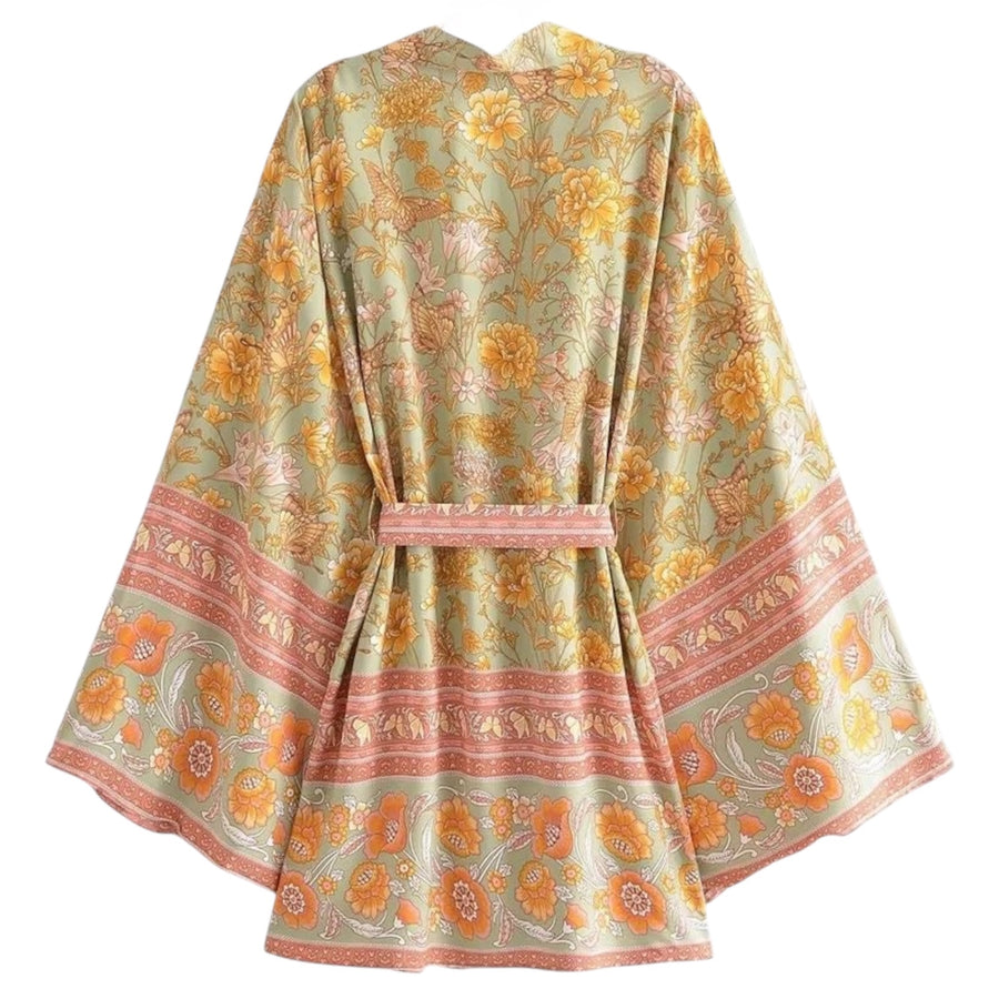 Short Bohemian Floral Kimono – Sage Green / Peach available at 1love2hugs3kisses Ibiza