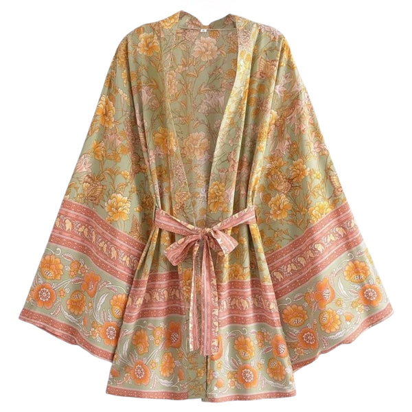 Short Bohemian Floral Kimono – Sage Green / Peach available at 1love2hugs3kisses Ibiza