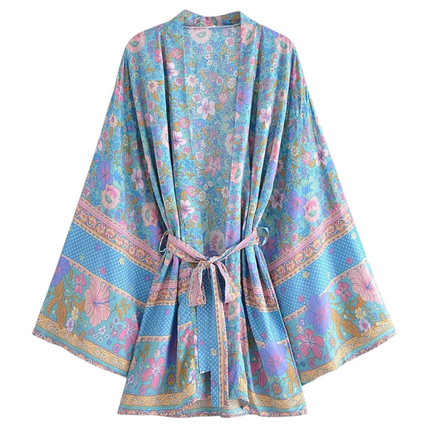 Short Bohemian Floral Kimono - Sky Blue available at 1love2hugs3kisses Ibiza