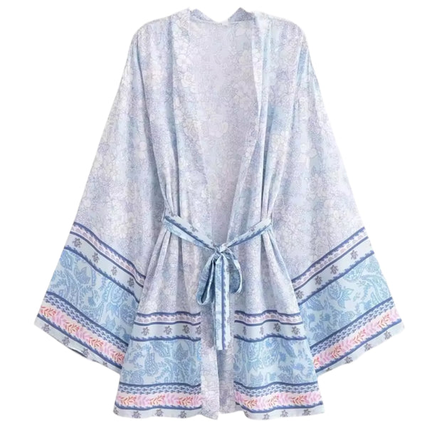 Short Bohemian Floral Kimono - Soft Blue From 1love2hugs3kisses Ibiza