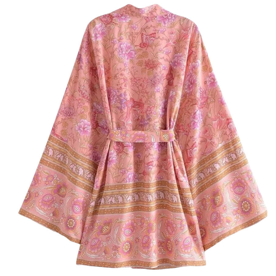 Short Bohemian Floral Kimono – Soft Pink / Gold available at 1love2hugs3kisses Ibiza