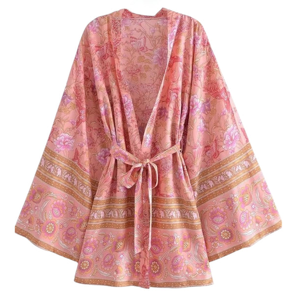 Short Bohemian Floral Kimono – Soft Pink / Gold available at 1love2hugs3kisses Ibiza