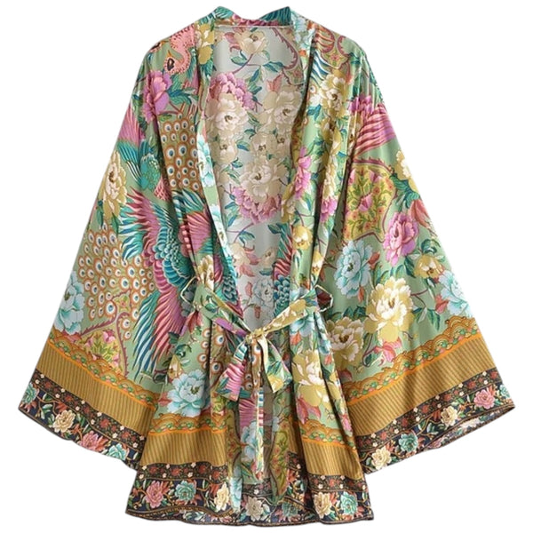 Short Bohemian Kimono – Mystic Peacock / Green from 1love2hugs3kisses Ibiza