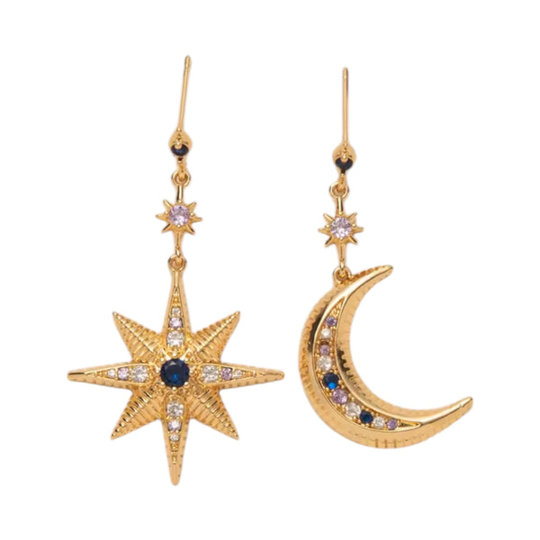 Star & Moon Asymmetrical Earrings – Gold & Blue available at 1love2hugs3kisses ibiza