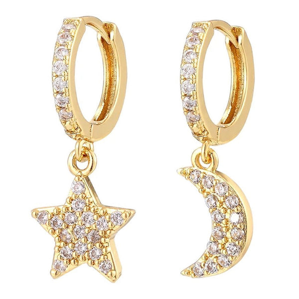 gold star moon huggie earrings zirconia mismatched earrings
