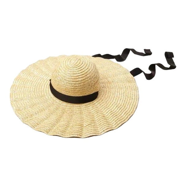 Straw Hat Natural Scalloped Dolce - black Ribbon from 1love2hugs3kisses Ibiza