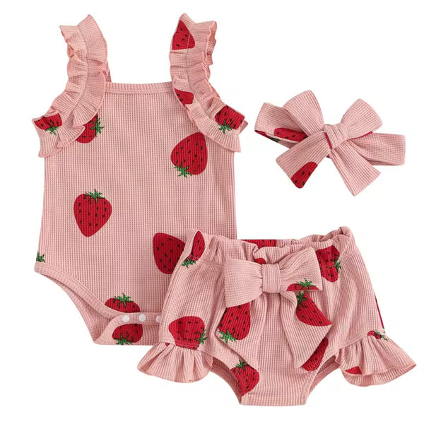 Strawberry Ruffle 3 Pieces Baby Set – Pink available at 1love2hugs3kisses ibiza