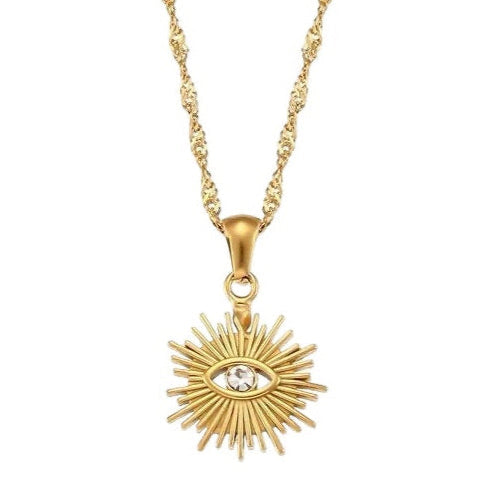 gold sunburst evil eye necklace zirconia pendant
