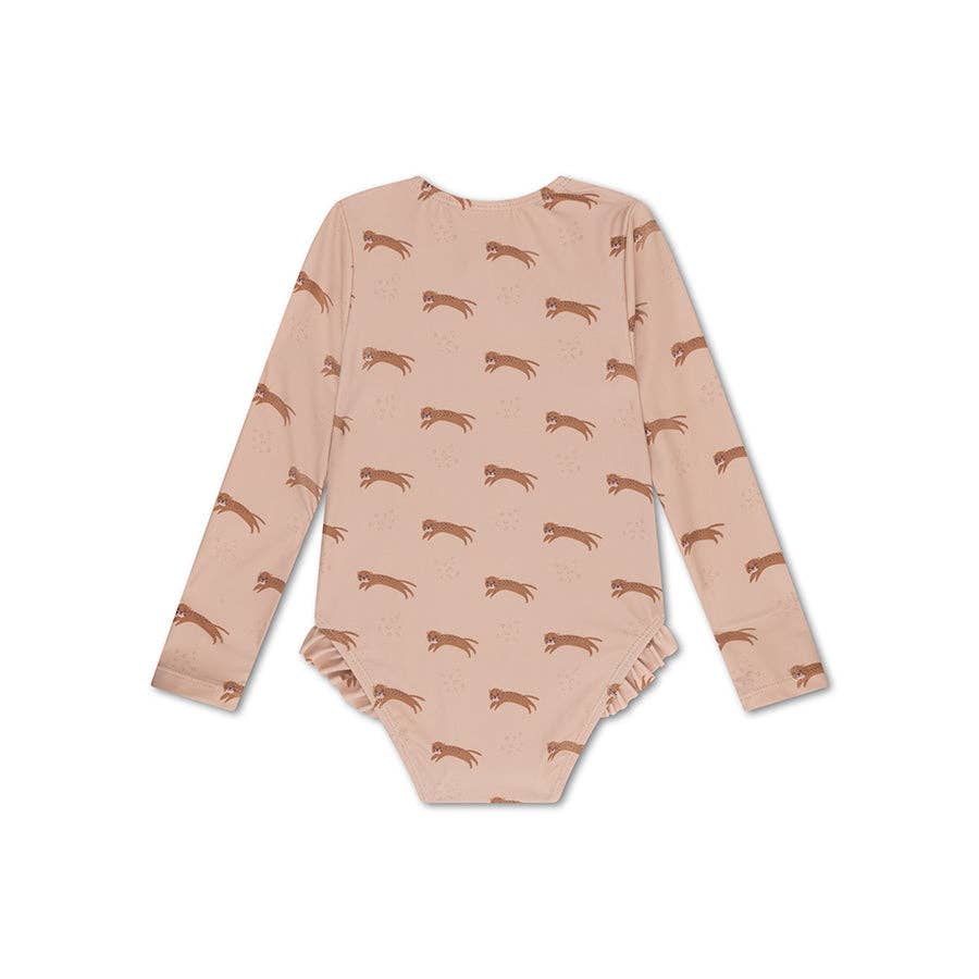 Swim Essentials Girls Roamer Longsleeve Swimsuit Leopard – stylish UV-protective girls swimsuit with leopard print, available at 1Love 2Hugs 3Kisses Ibiza.