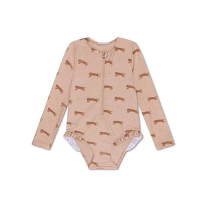 Swim Essentials Girls Roamer Longsleeve Swimsuit Leopard – stylish UV-protective girls swimsuit with leopard print, available at 1Love 2Hugs 3Kisses Ibiza.