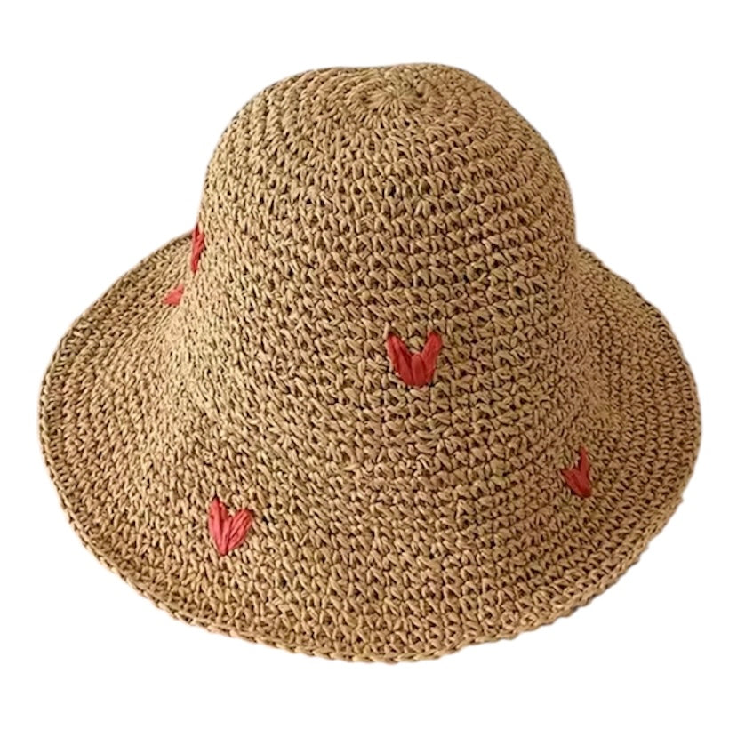 Womens Crochet Bucket Hat Red Hearts Khaki available at 1love2hugs3kisses ibiza